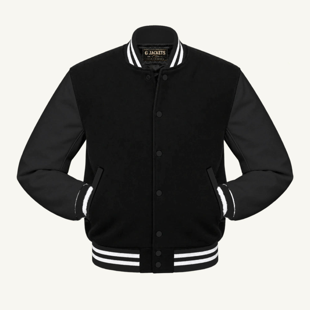 G Jackets All-Fleece Varsity Jacket, Black/Black - White Trim, front view
