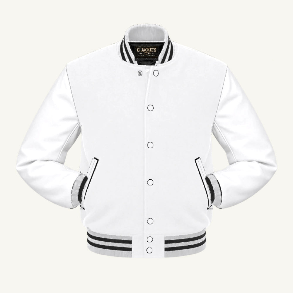 G Jackets All-Fleece Varsity Jacket, White/White - Black Trim, front view