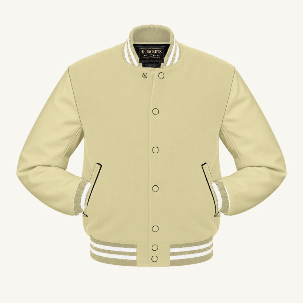 G Jackets All-Fleece Varsity Jacket, Cream Natural/Cream Natural - White Trim, front view