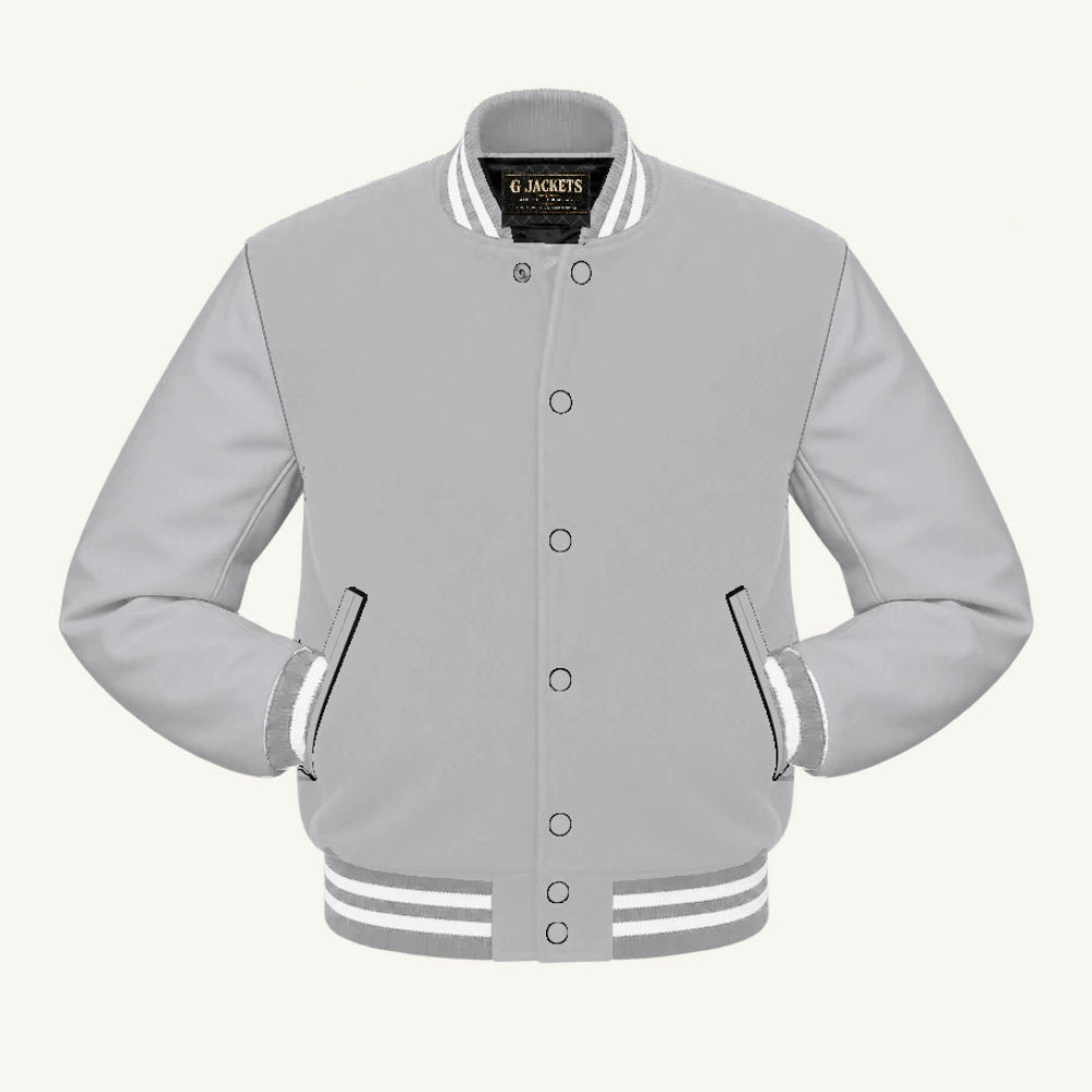 G Jackets All-Fleece Varsity Jacket, Grey/Grey - White Trim, front view