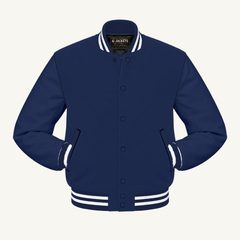 G Jackets All-Fleece Varsity Jacket, Navy Blue/Navy Blue - White Trim, front view