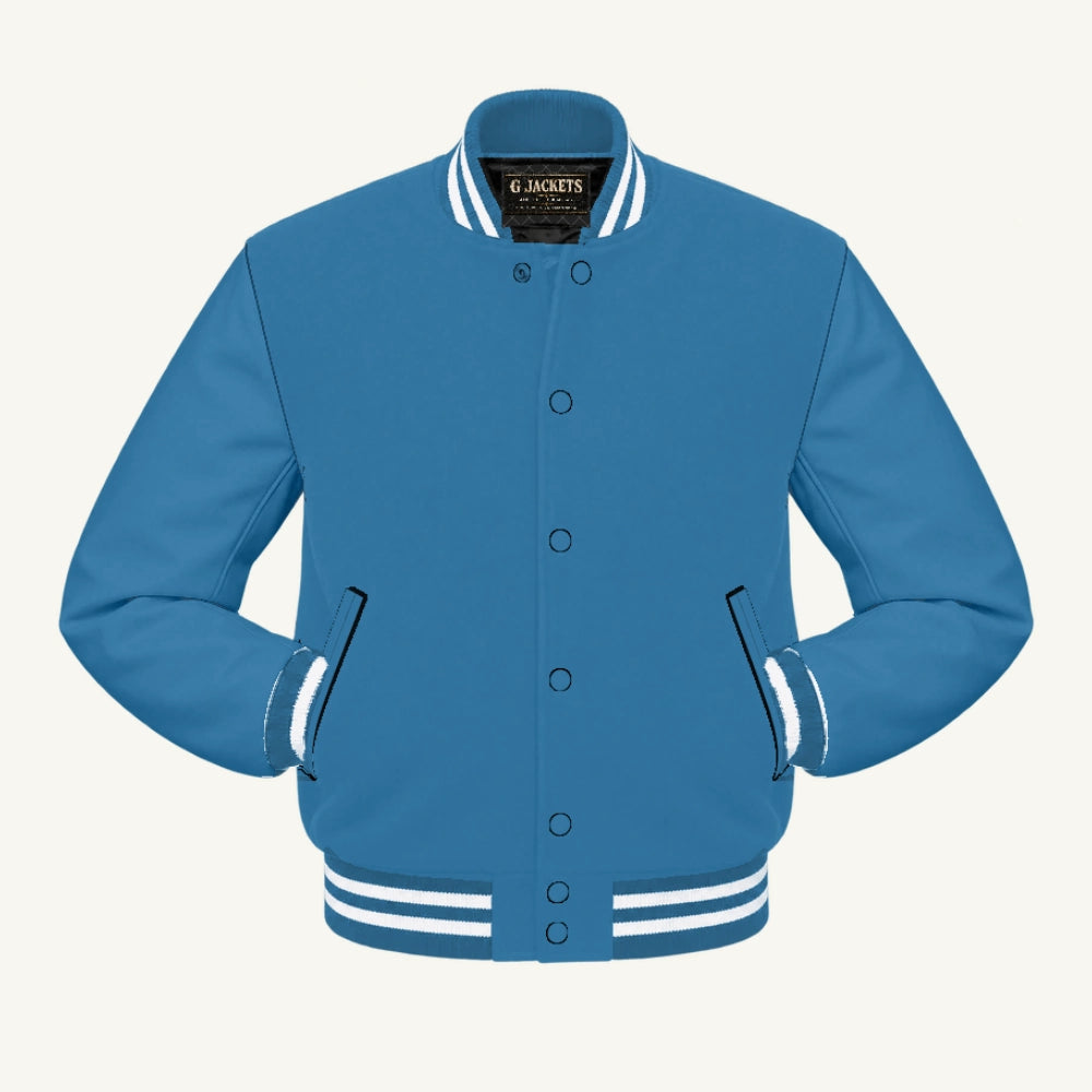 G Jackets All-Fleece Varsity Jacket, Columbia Blue/Columbia Blue - White Trim, front view
