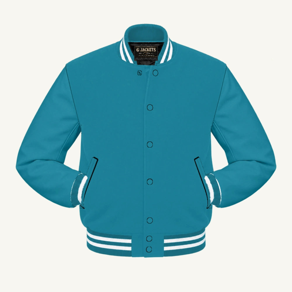 G Jackets All-Fleece Varsity Jacket, Teal Blue/Teal Blue - White Trim, front view