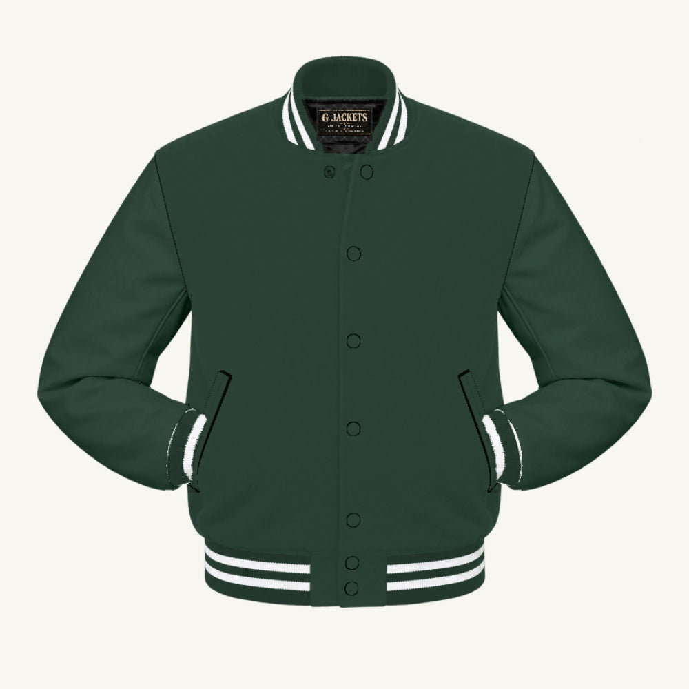 G Jackets All-Fleece Varsity Jacket, Forest Green/Forest Green - White Trim, front view
