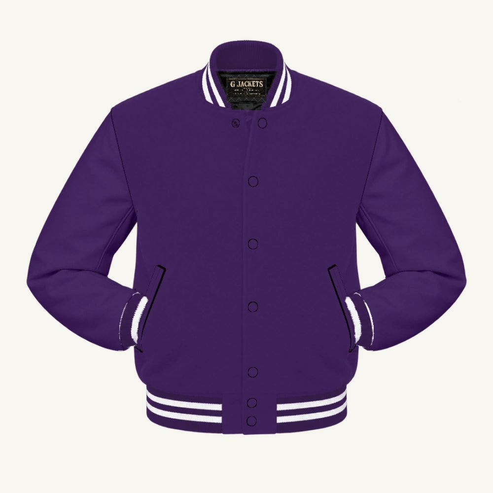 G Jackets All-Fleece Varsity Jacket, Purple/Purple - White Trim, front view