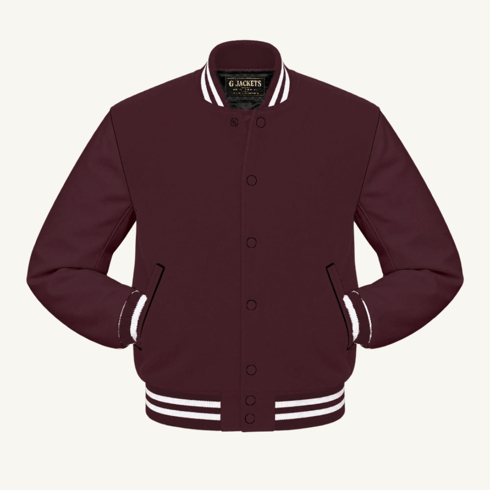G Jackets All-Fleece Varsity Jacket, Maroon/Maroon - White Trim, front view