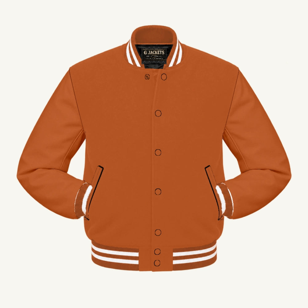 G Jackets All-Fleece Varsity Jacket, Texas Orange/Texas Orange - White Trim, front view