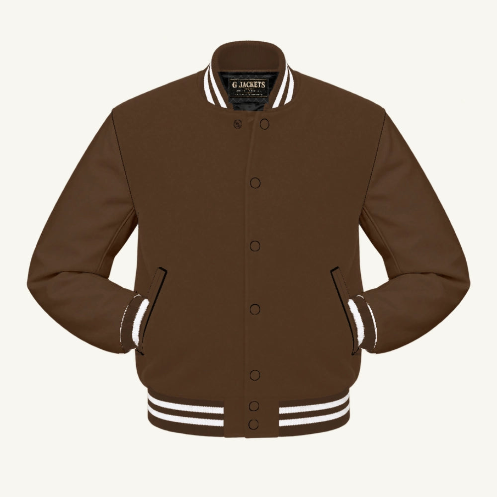 G Jackets All-Fleece Varsity Jacket, Brown/Brown - White Trim, front view