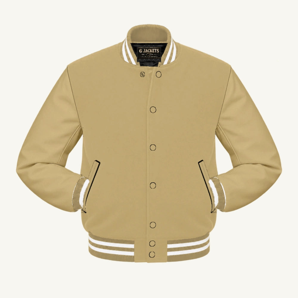 G Jackets All-Fleece Varsity Jacket, Tan/Tan - White Trim, front view