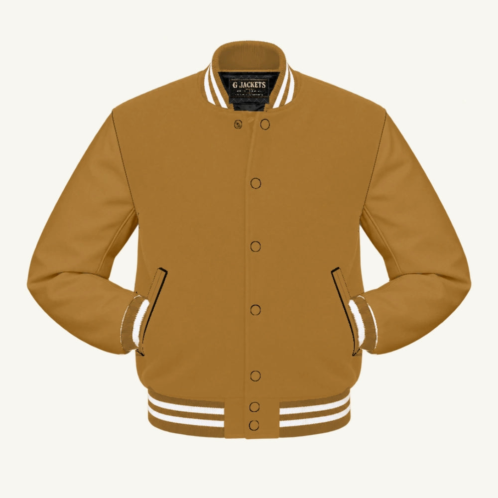 G Jackets All-Fleece Varsity Jacket, Old Gold/Old Gold - White Trim, front view
