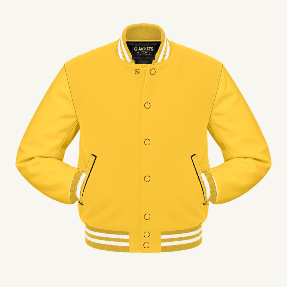 G Jackets All-Fleece Varsity Jacket, Yellow/Yellow - White Trim, front view