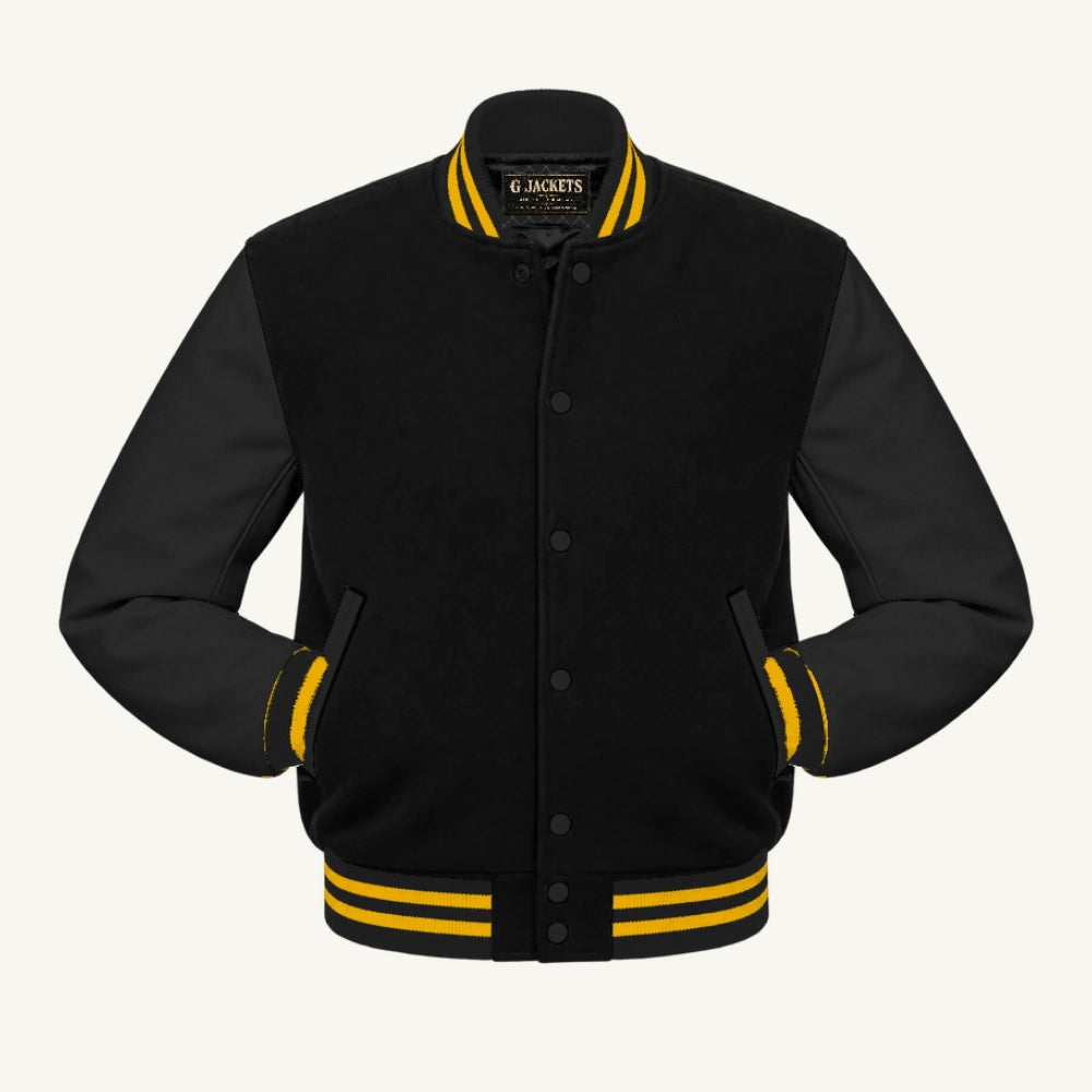 G Jackets All-Fleece Varsity Jacket, Black/Black - Gold Trim, front view