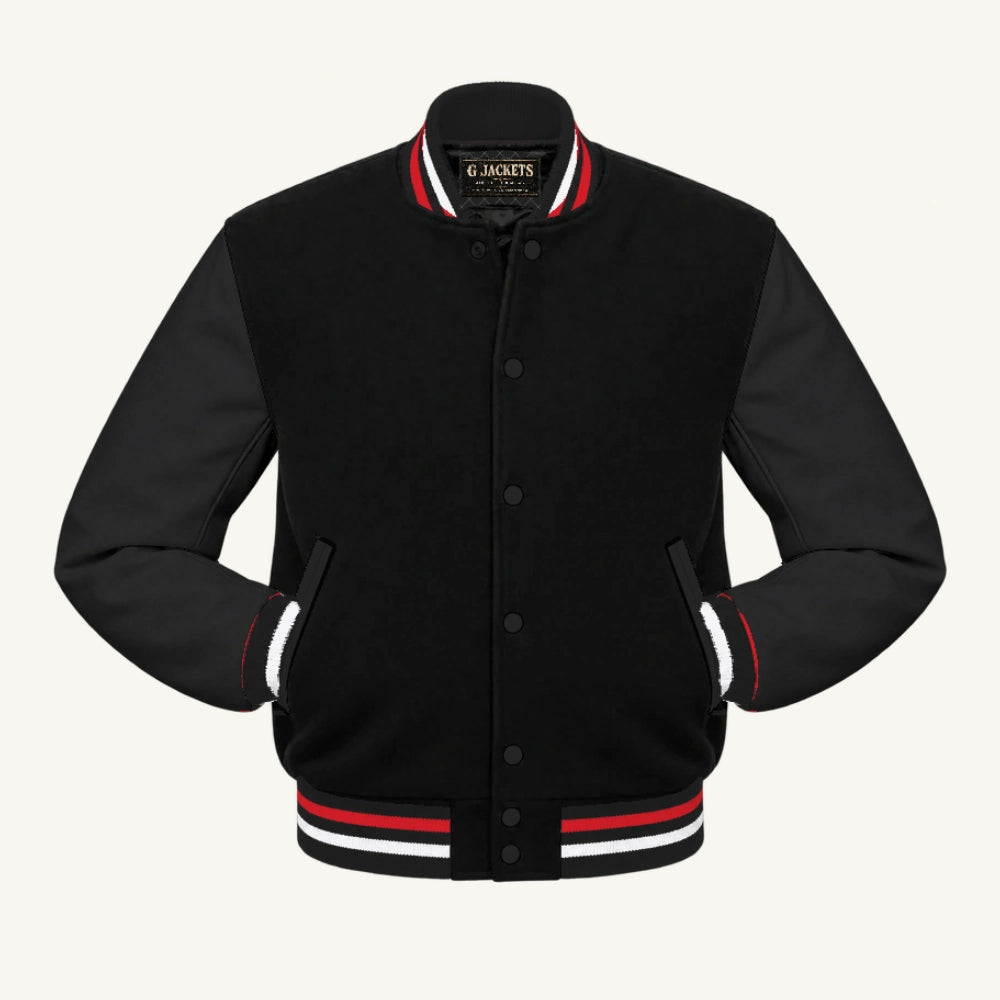 G Jackets All-Fleece Varsity Jacket, Black/Black - Red/White Trim, front view