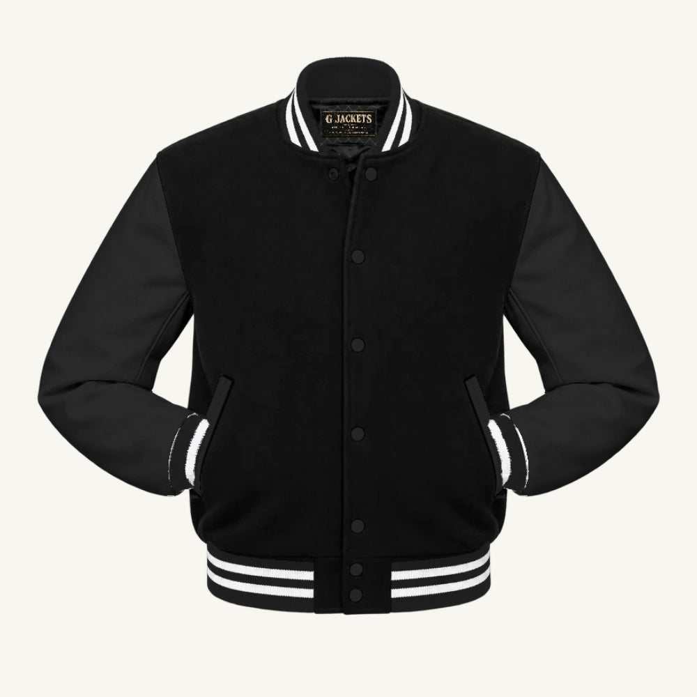 G Jackets Classic All-Wool Varsity Jacket, Black/Black - White Trim, front view