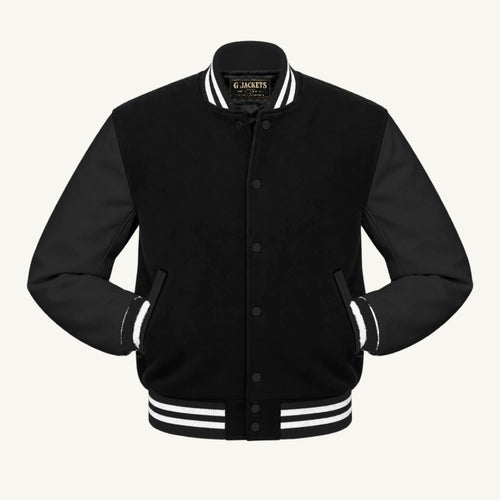G Jackets Classic All-Wool Varsity Jacket, Black/Black - White Trim, front view