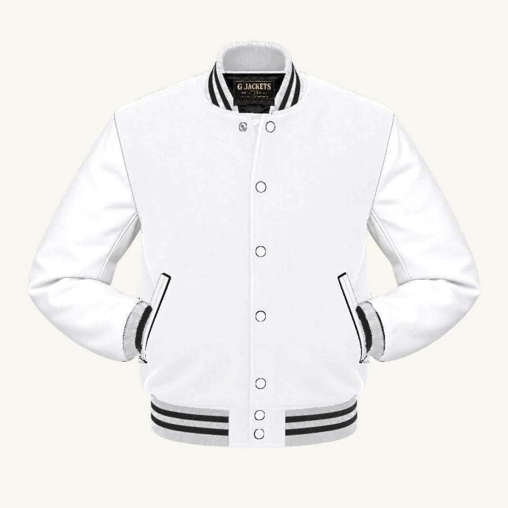 G Jackets Classic All-Wool Varsity Jacket, White/White - Black Trim, front view