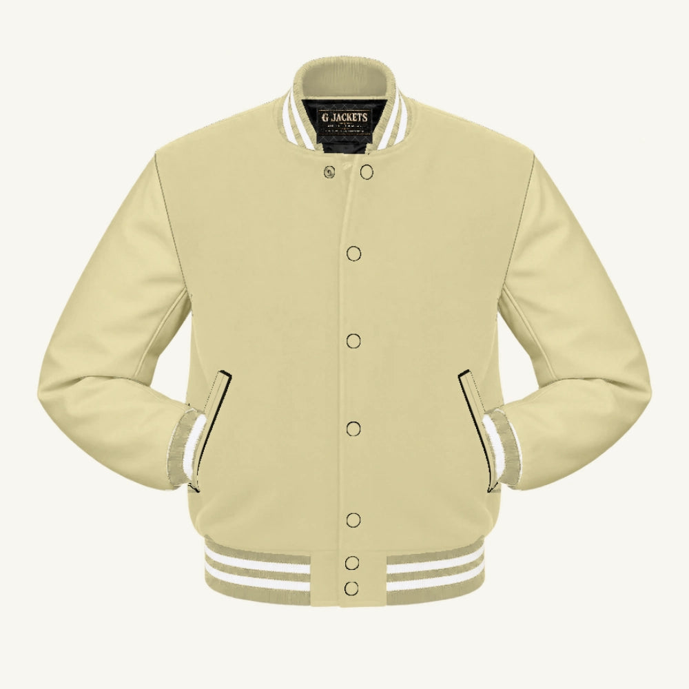 G Jackets Classic All-Wool Varsity Jacket, Cream Natural/Cream Natural - White Trim, front view