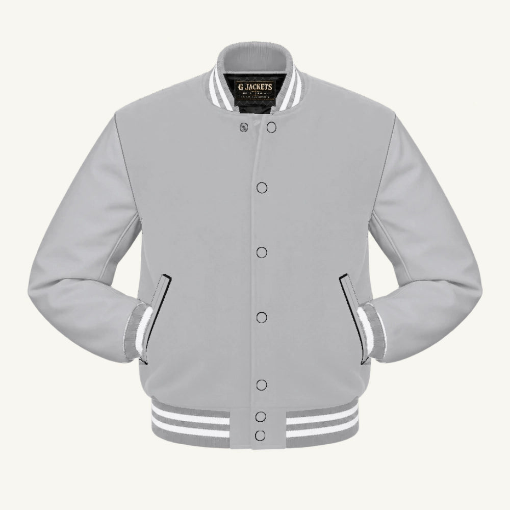 G Jackets Classic All-Wool Varsity Jacket, Grey/Grey - White Trim, front view