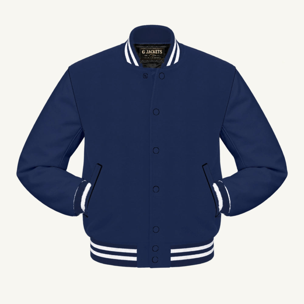 G Jackets Classic All-Wool Varsity Jacket, Navy Blue/Navy Blue - White Trim, front view
