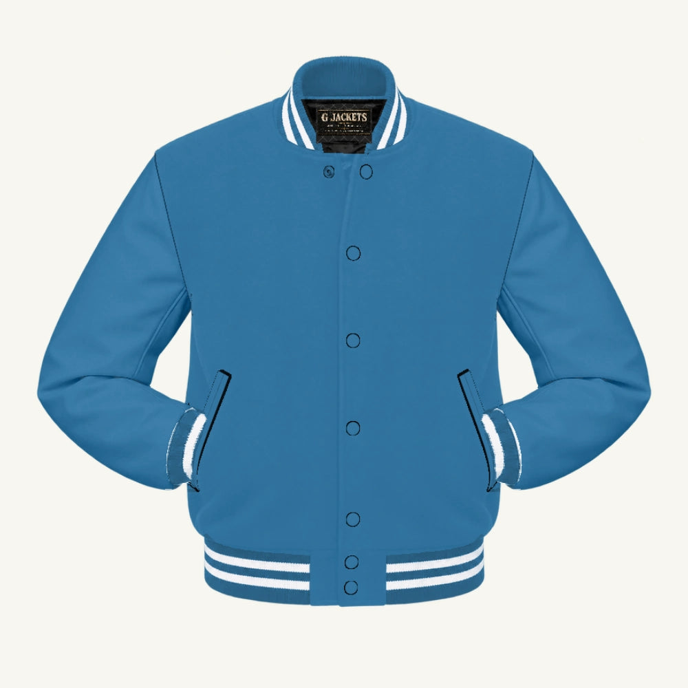 G Jackets Classic All-Wool Varsity Jacket, Columbia Blue/Columbia Blue - White Trim, front view