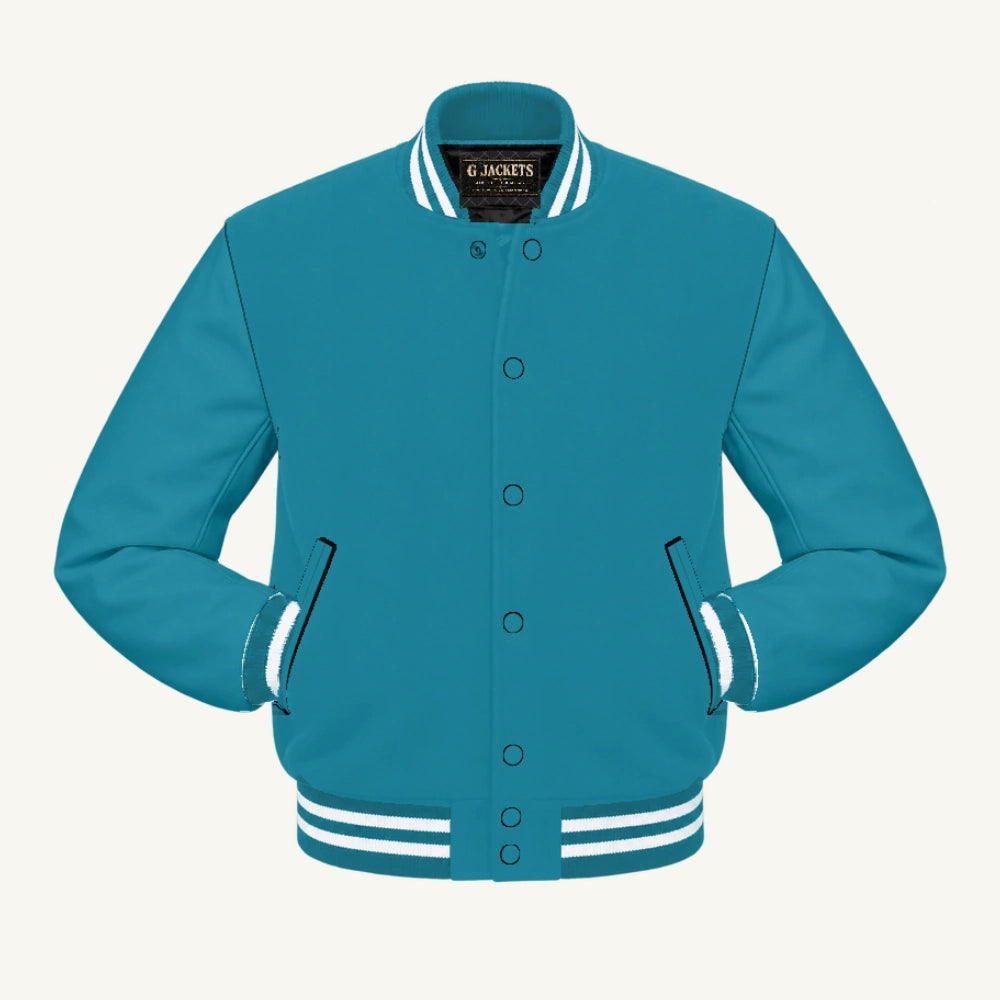 G Jackets Classic All-Wool Varsity Jacket, Teal Blue/Teal Blue - White Trim, front view