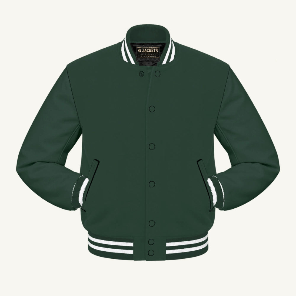 G Jackets Classic All-Wool Varsity Jacket, Forest Green/Forest Green - White Trim, front view