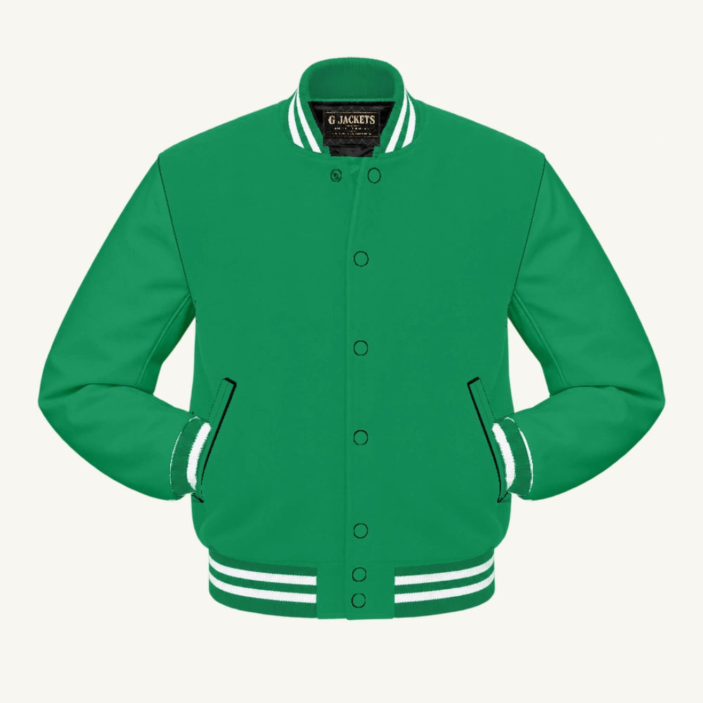 G Jackets Classic All-Wool Varsity Jacket, Kelly Green/Kelly Green - White Trim, front view