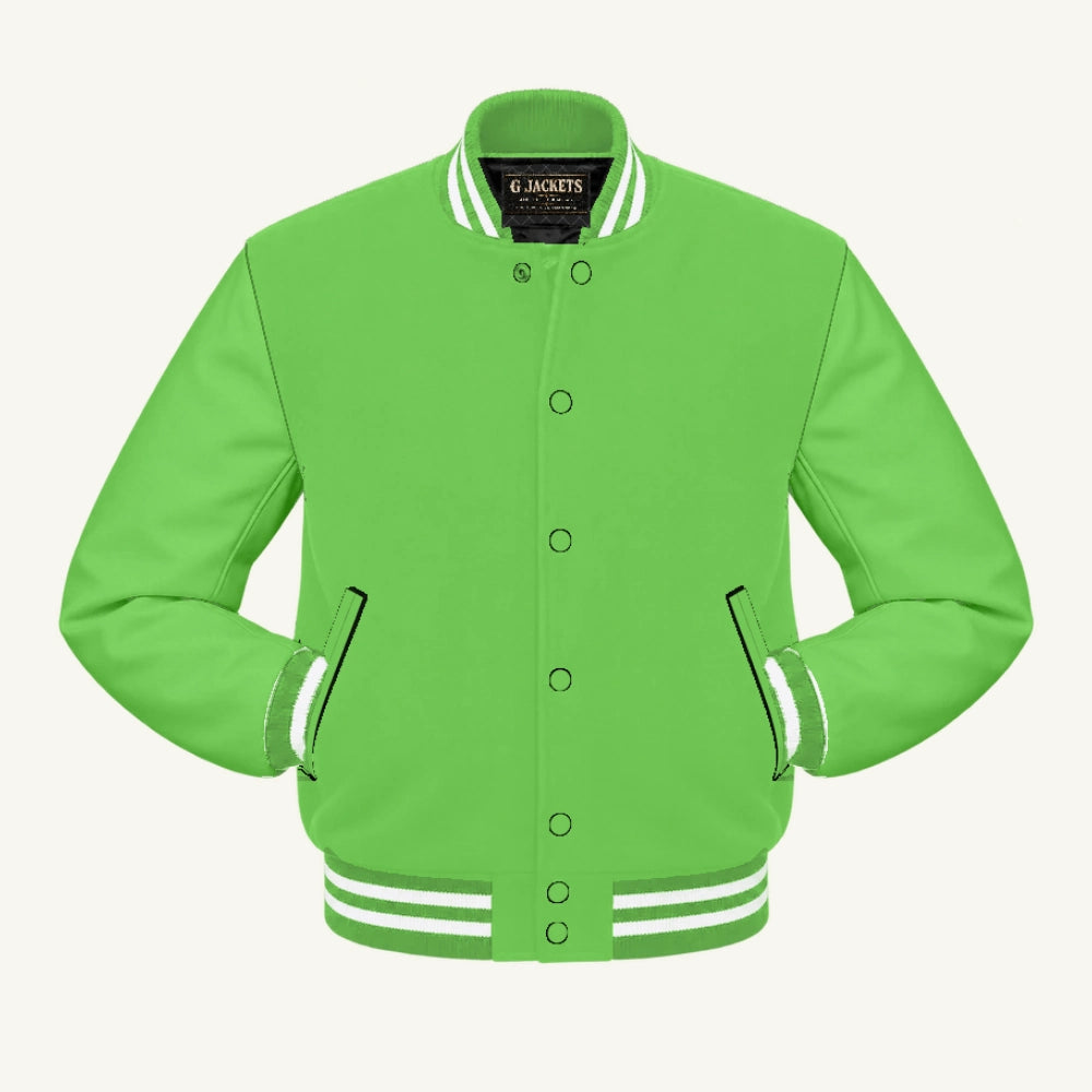 G Jackets Classic All-Wool Varsity Jacket, Lime Green/Lime Green - White Trim, front view
