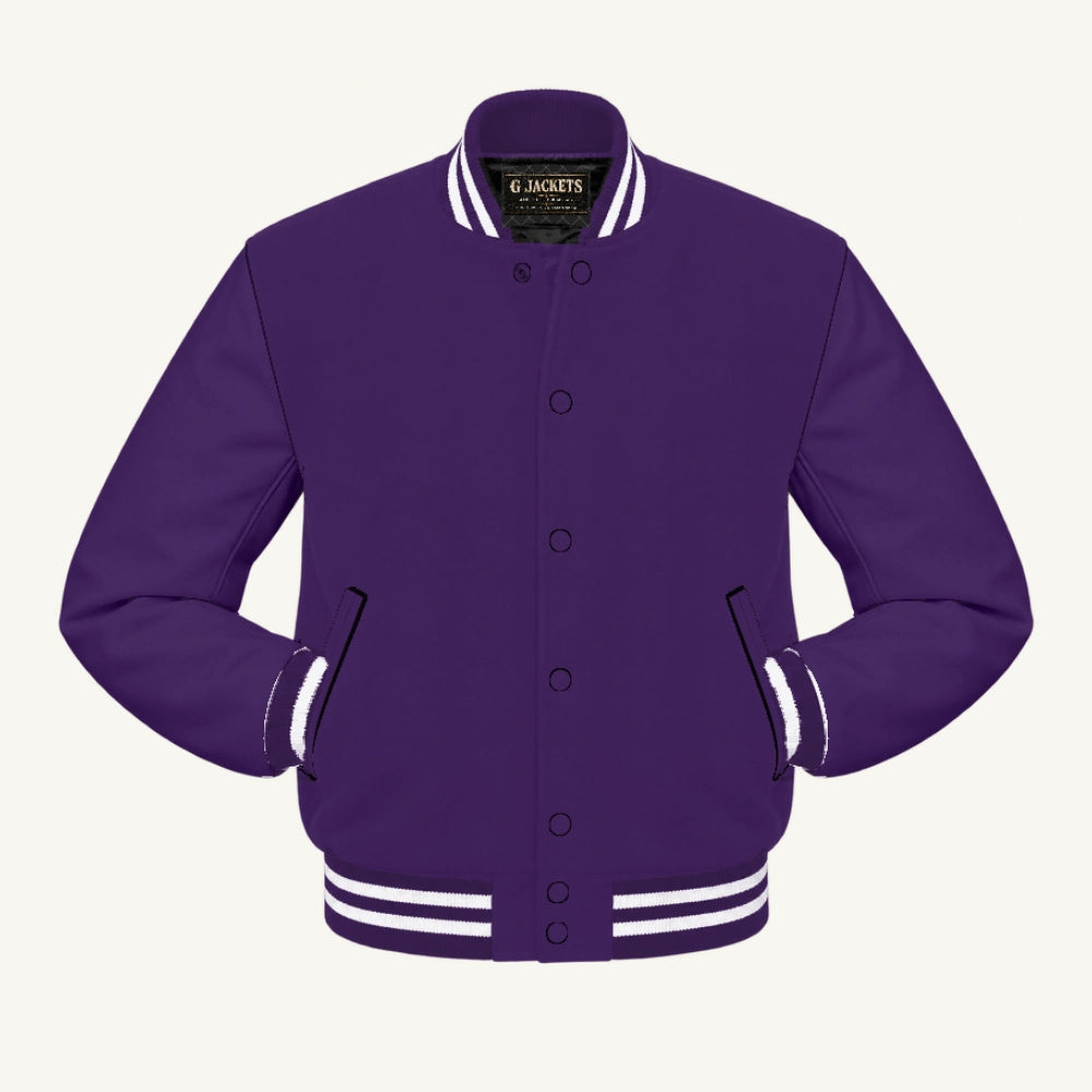 G Jackets Classic All-Wool Varsity Jacket, Purple/Purple - White Trim, front view