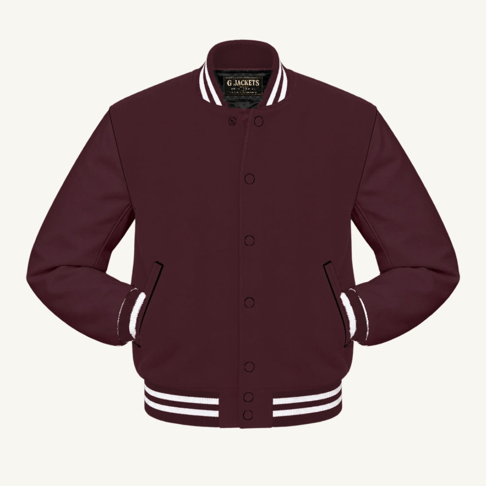 G Jackets Classic All-Wool Varsity Jacket, Maroon/Maroon - White Trim, front view