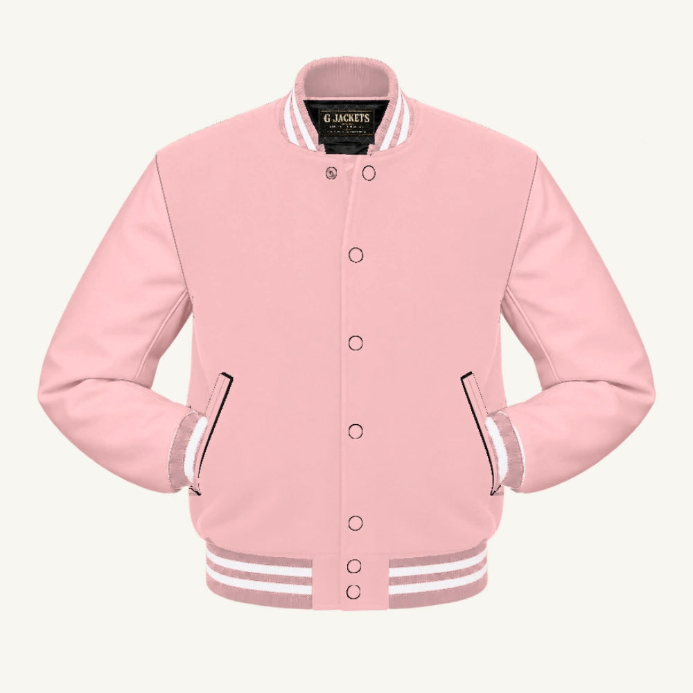 G Jackets Classic All-Wool Varsity Jacket, Pink/Pink - White Trim, front view