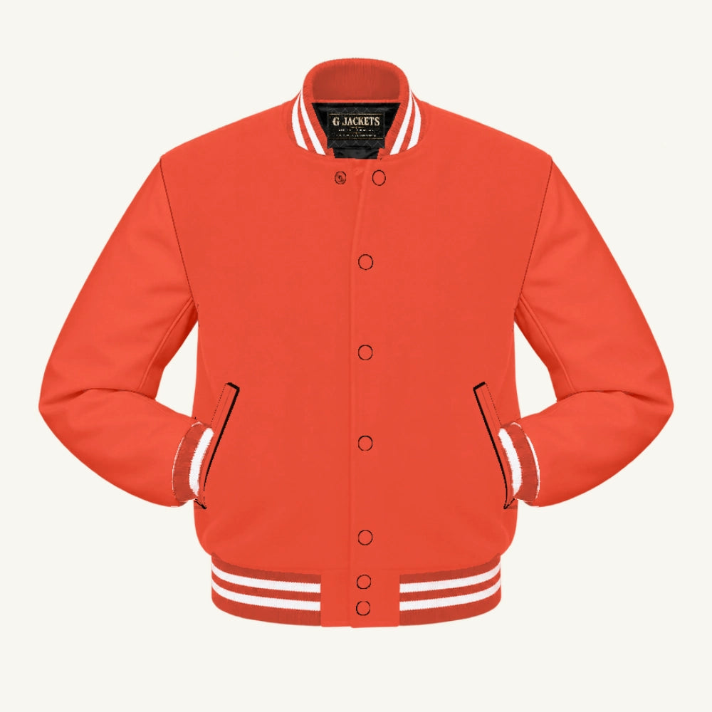 G Jackets Classic All-Wool Varsity Jacket, Orange/Orange - White Trim, front view