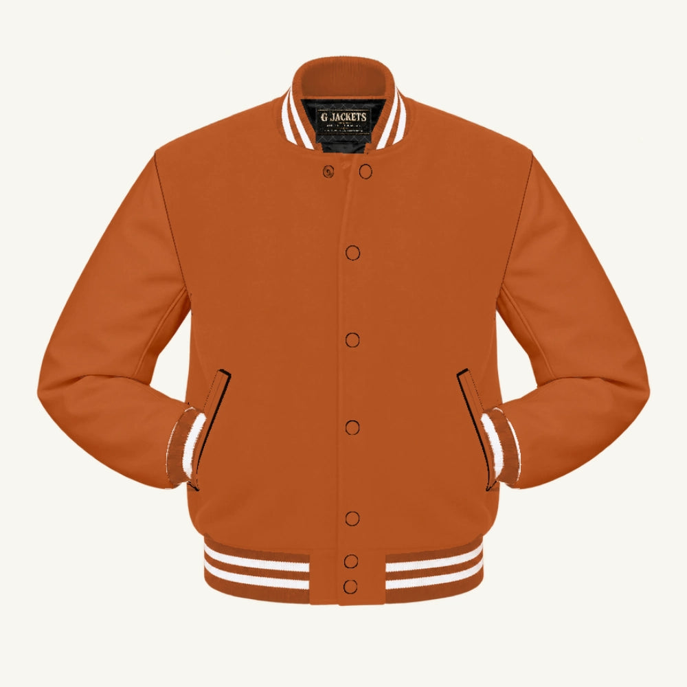 G Jackets Classic All-Wool Varsity Jacket, Texas Orange/Texas Orange - White Trim, front view