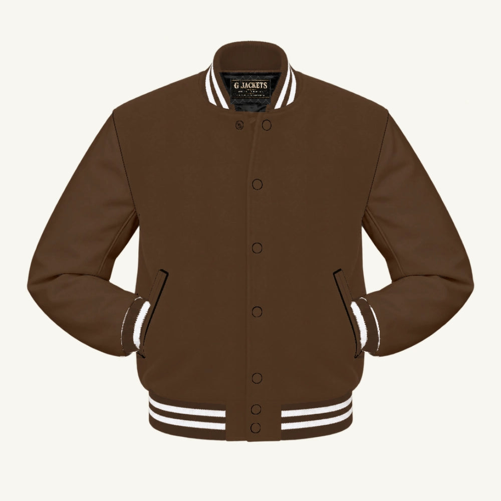G Jackets Classic All-Wool Varsity Jacket, Brown/Brown - White Trim, front view