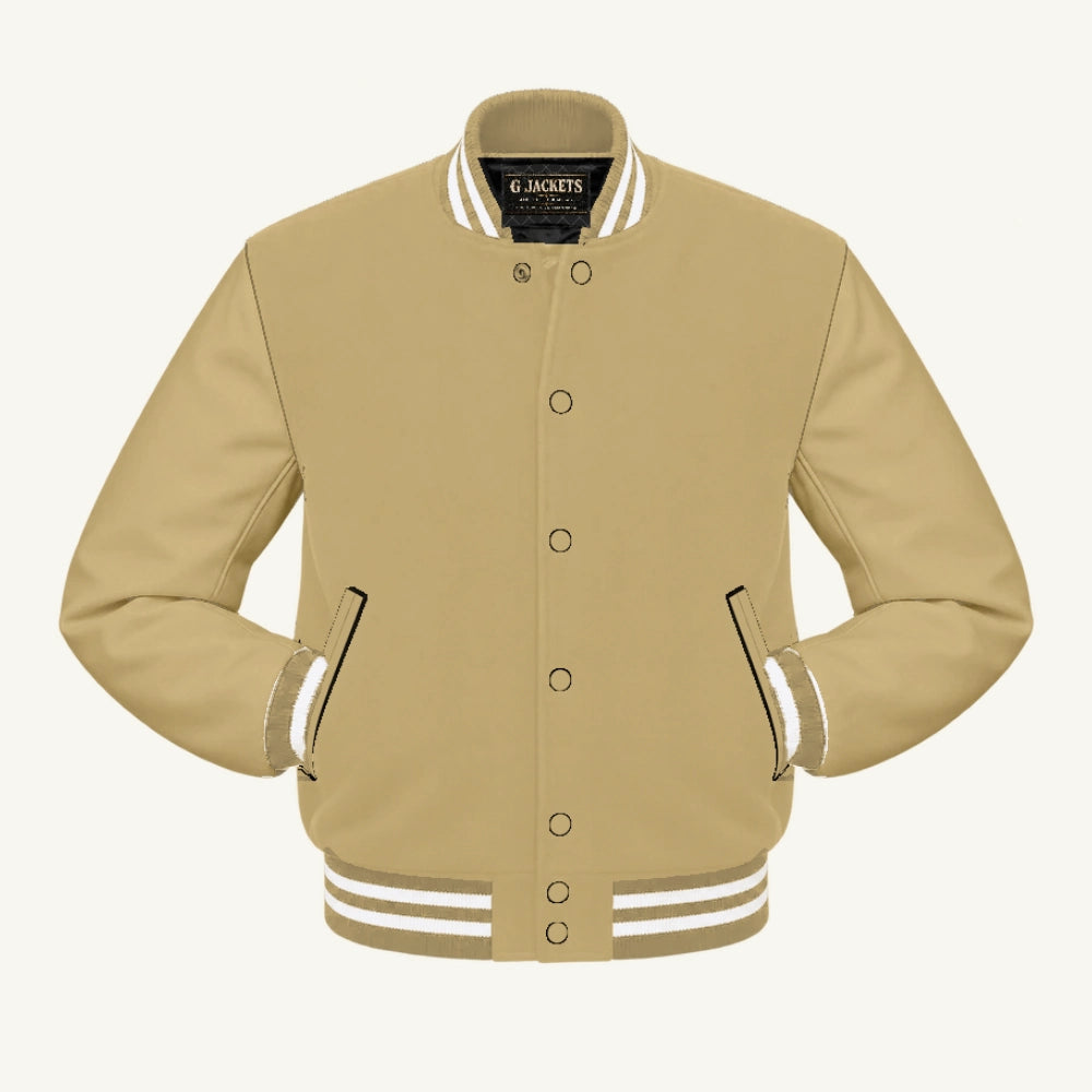 G Jackets Classic All-Wool Varsity Jacket, Tan/Tan - White Trim, front view