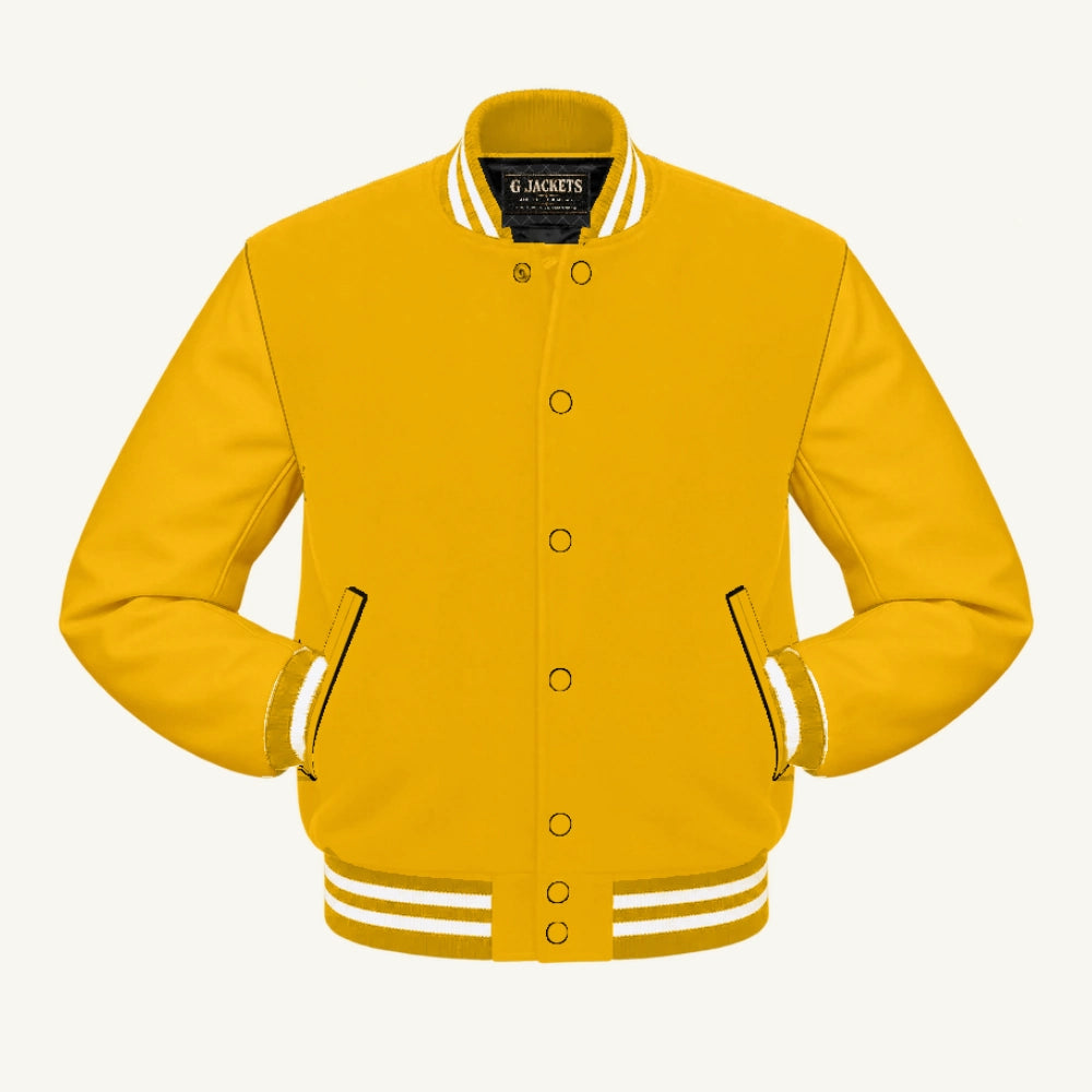 G Jackets Classic All-Wool Varsity Jacket, Gold/Gold - White Trim, front view