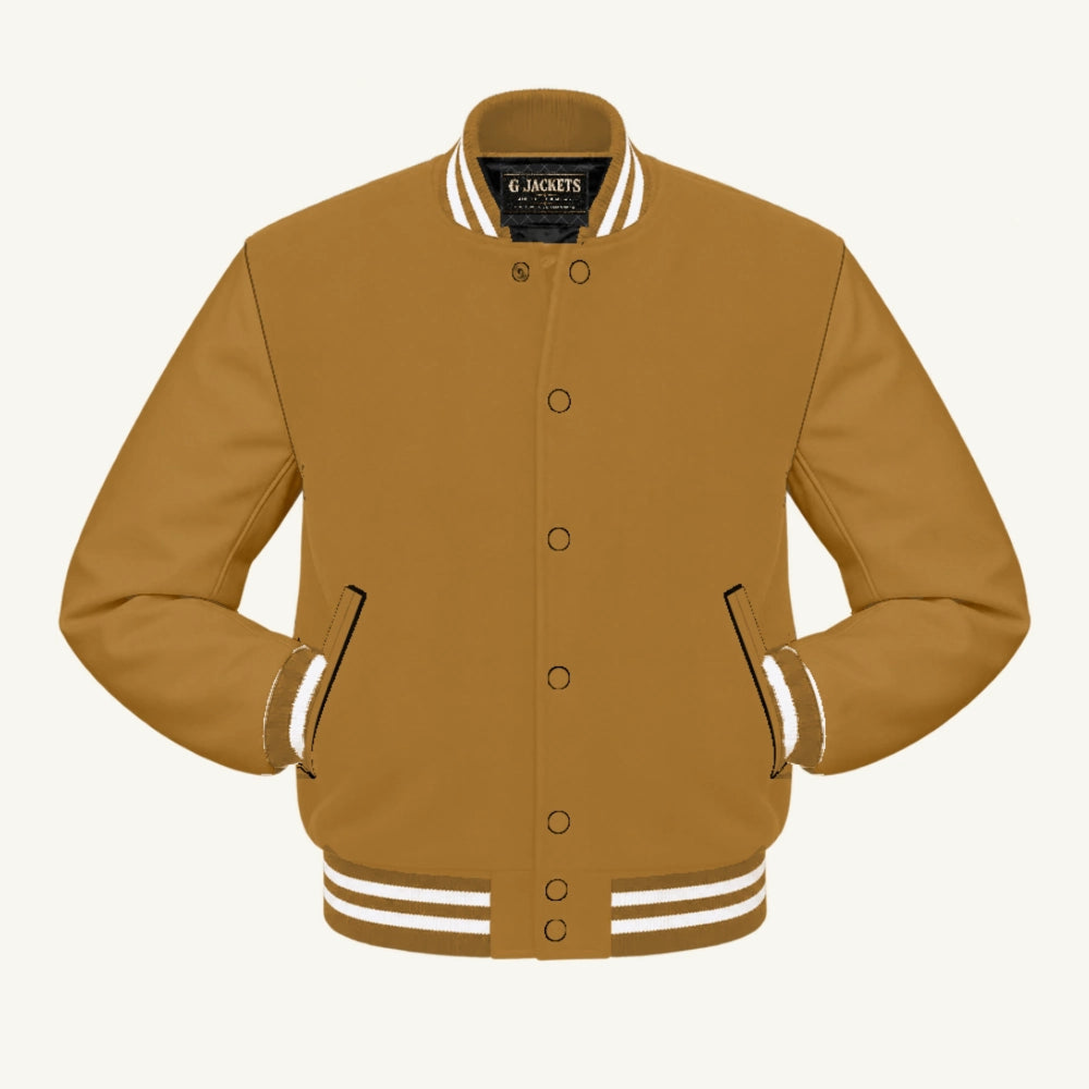 G Jackets Classic All-Wool Varsity Jacket, Old Gold/Old Gold - White Trim, front view