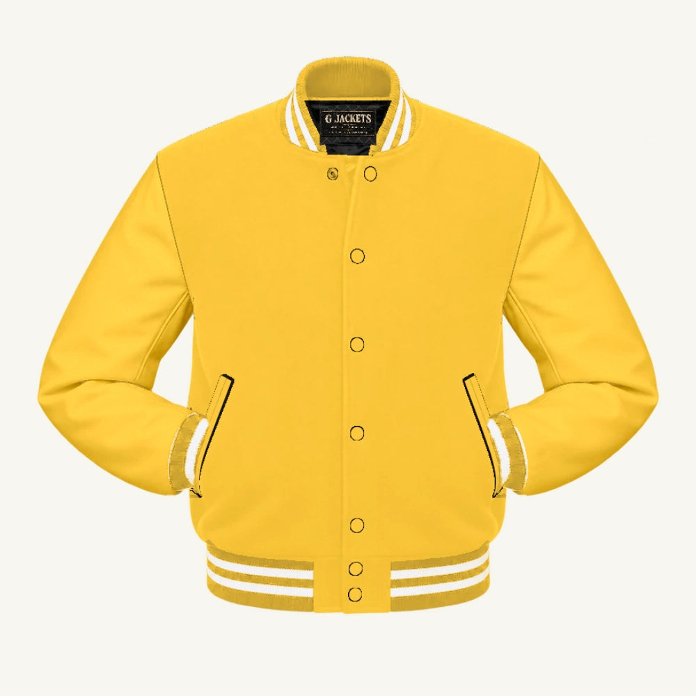 G Jackets Classic All-Wool Varsity Jacket, Yellow/Yellow - White Trim, front view