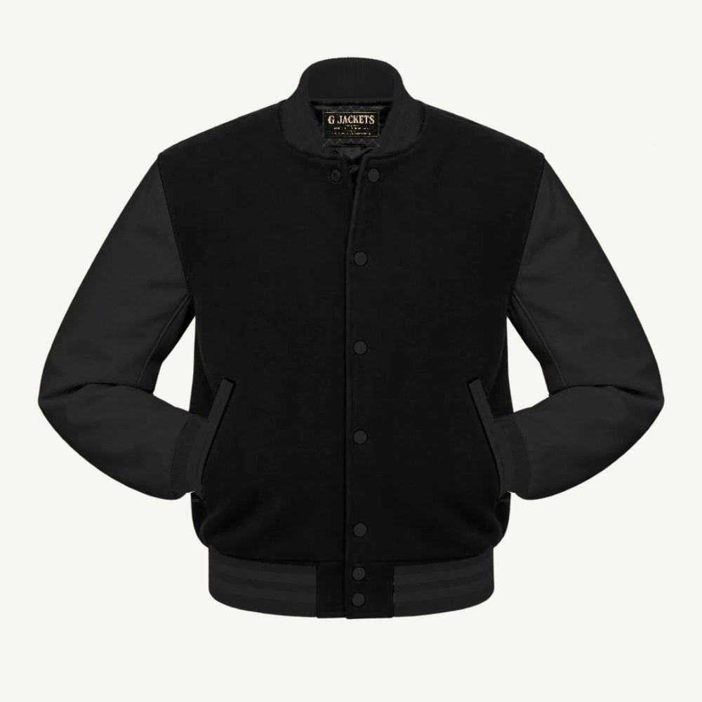G Jackets Classic All-Wool Varsity Jacket, Solid Black, front view