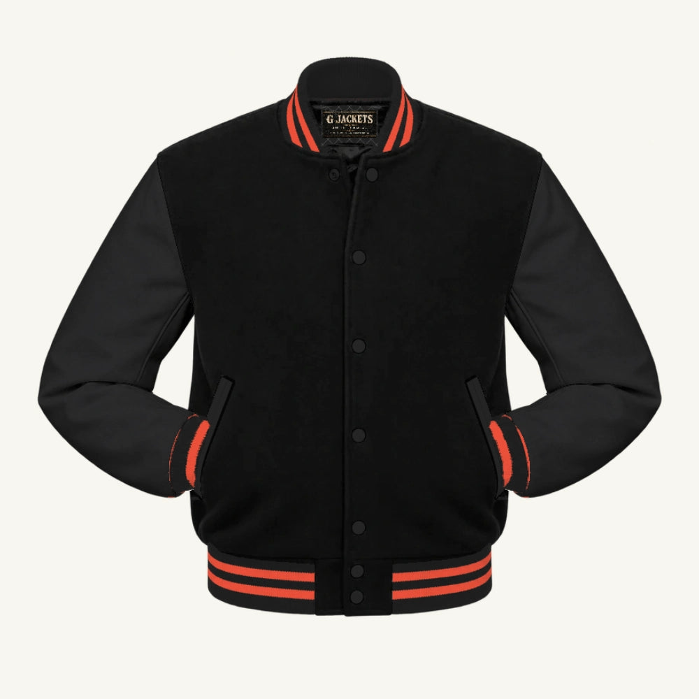 G Jackets Classic All-Wool Varsity Jacket, Black/Black - Orange Trim, front view