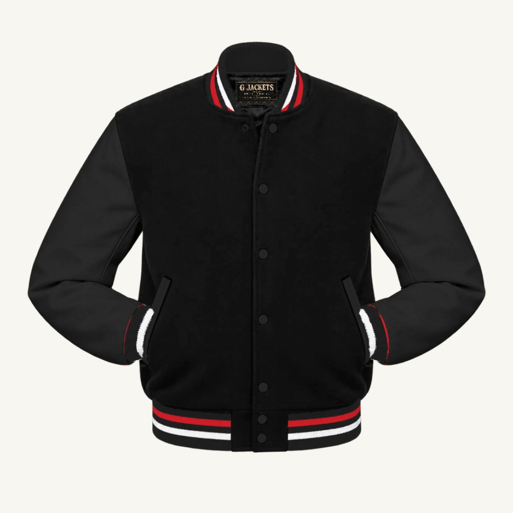 G Jackets Classic All-Wool Varsity Jacket, Black/Black - Red/White Trim, front view