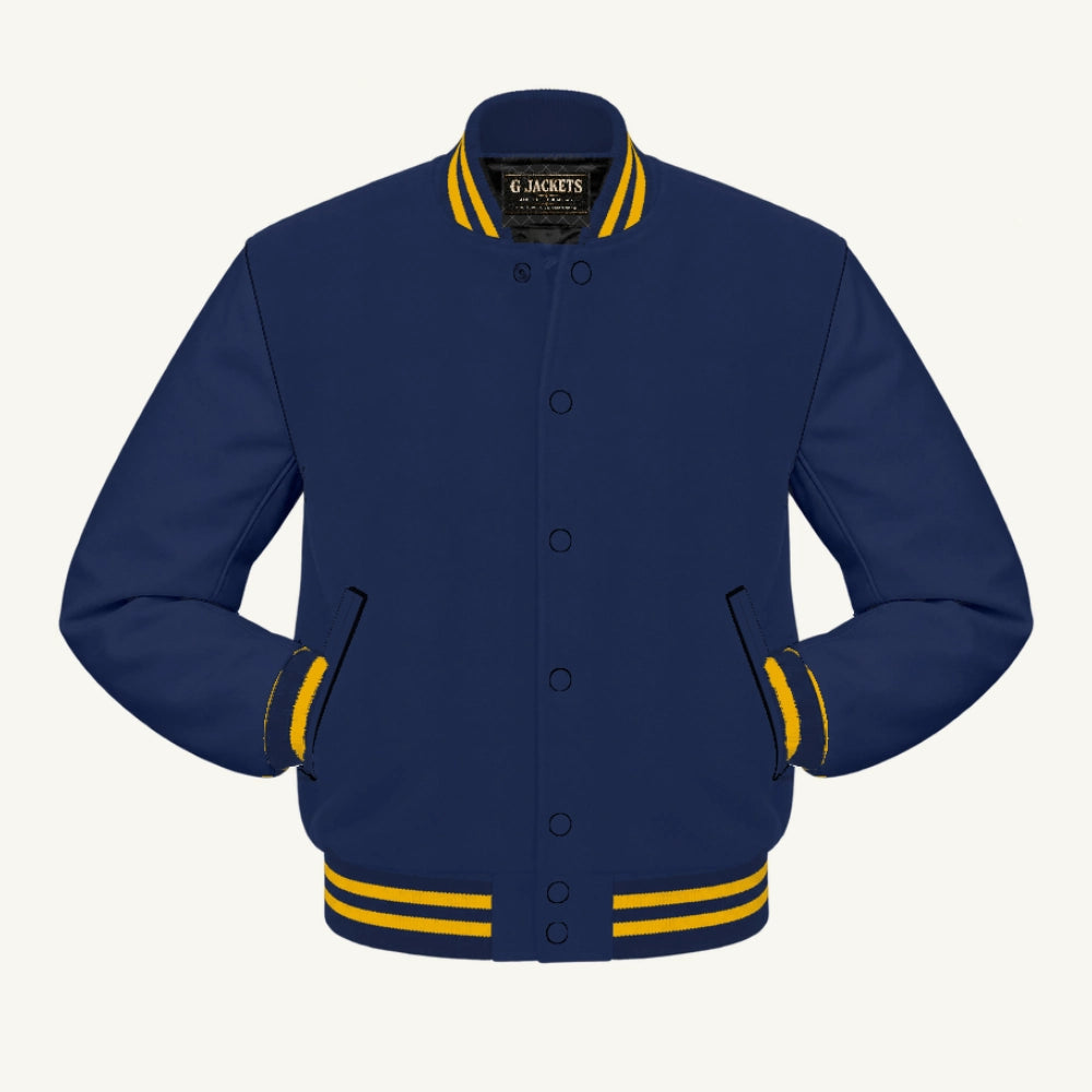 G Jackets Classic All-Wool Varsity Jacket, Navy Blue/Navy Blue - Gold Trim, front view