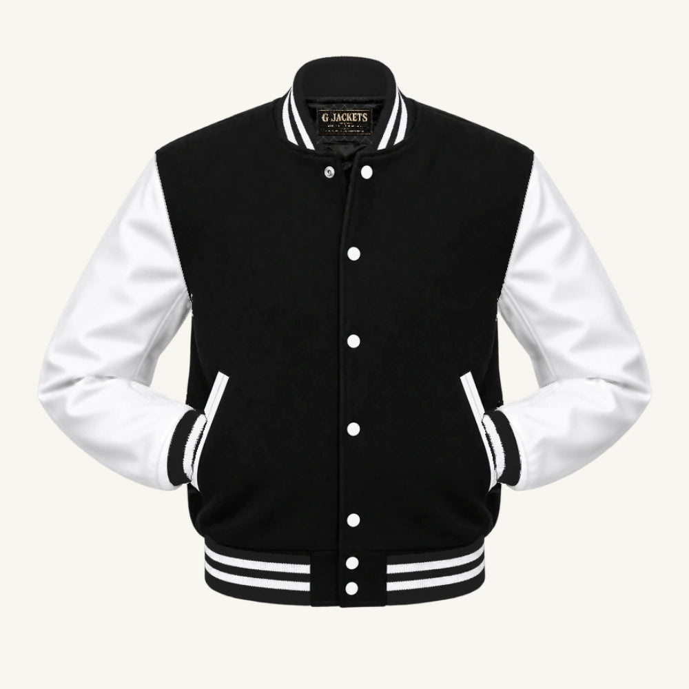 G Jackets Fleece & Genuine Leather Varsity Jacket, Black/White, front view
