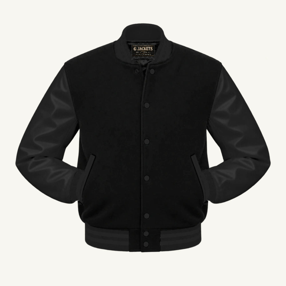 G Jackets Fleece & Genuine Leather Varsity Jacket, Solid Black, front view