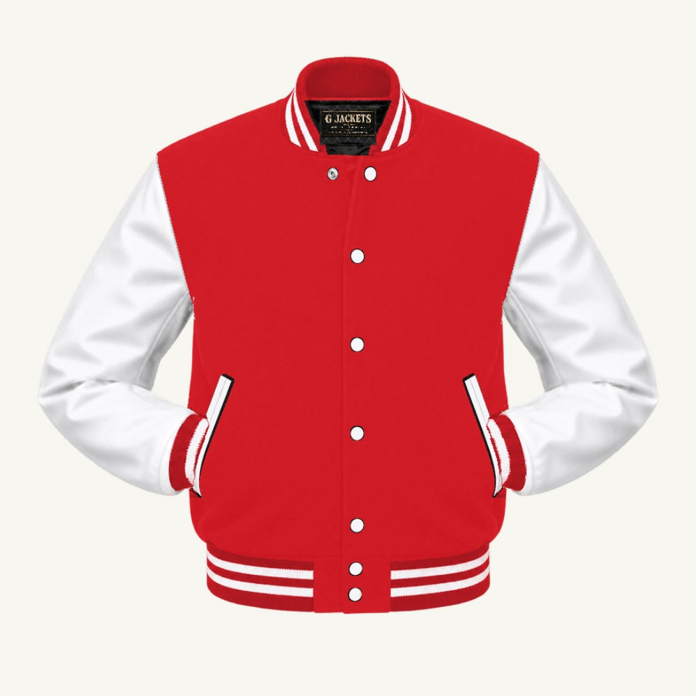 G Jackets Fleece & Genuine Leather Varsity Jacket, Red/White, front view
