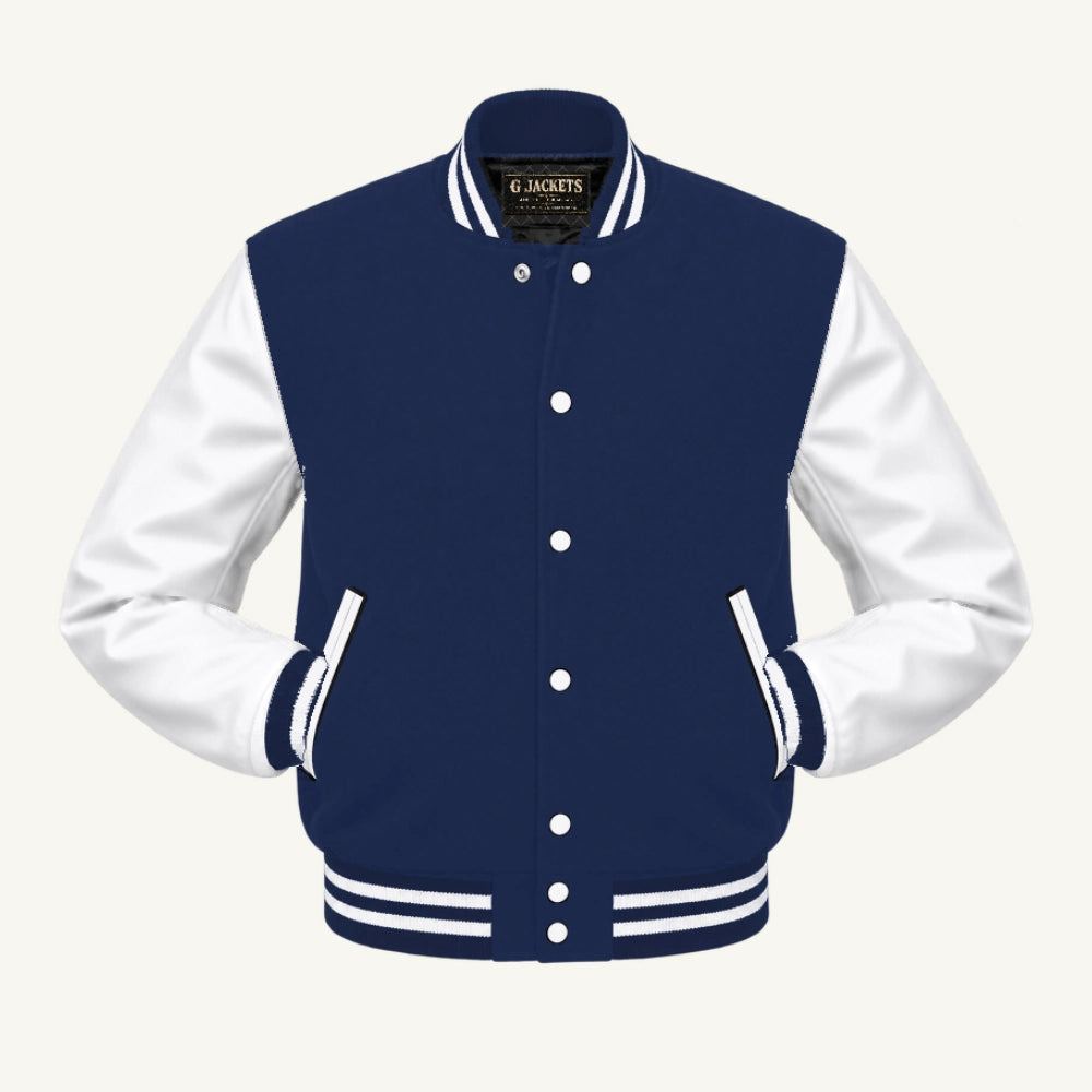 G Jackets Fleece & Genuine Leather Varsity Jacket, Navy Blue/White, front view