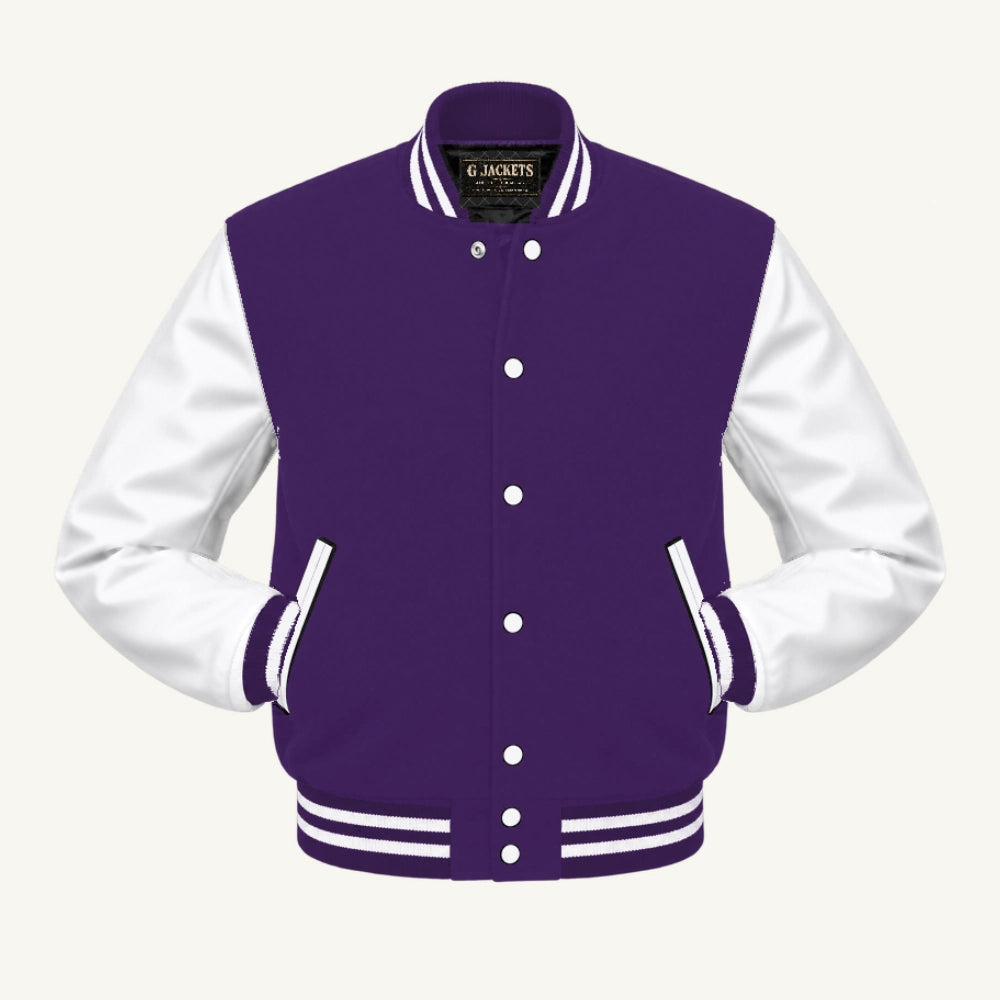 G Jackets Fleece & Genuine Leather Varsity Jacket, Purple/White, front view