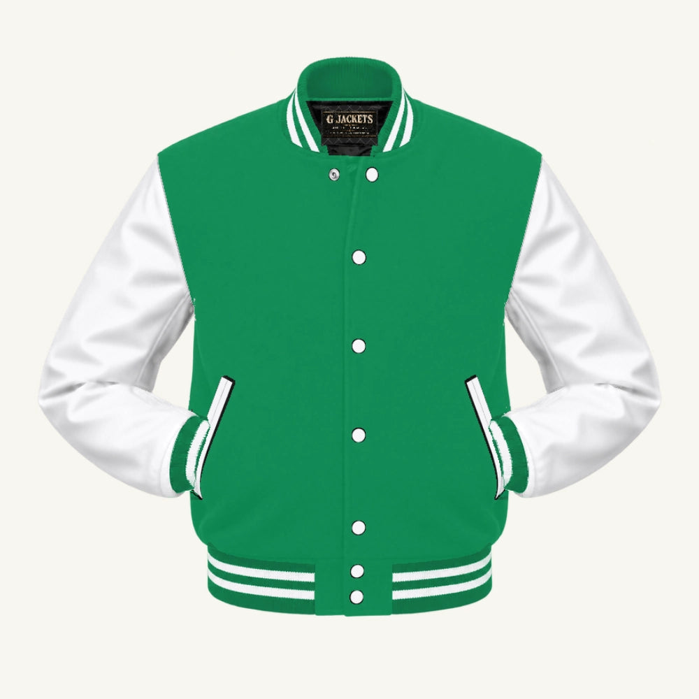 G Jackets Fleece & Genuine Leather Varsity Jacket, Kelly Green/White, front view