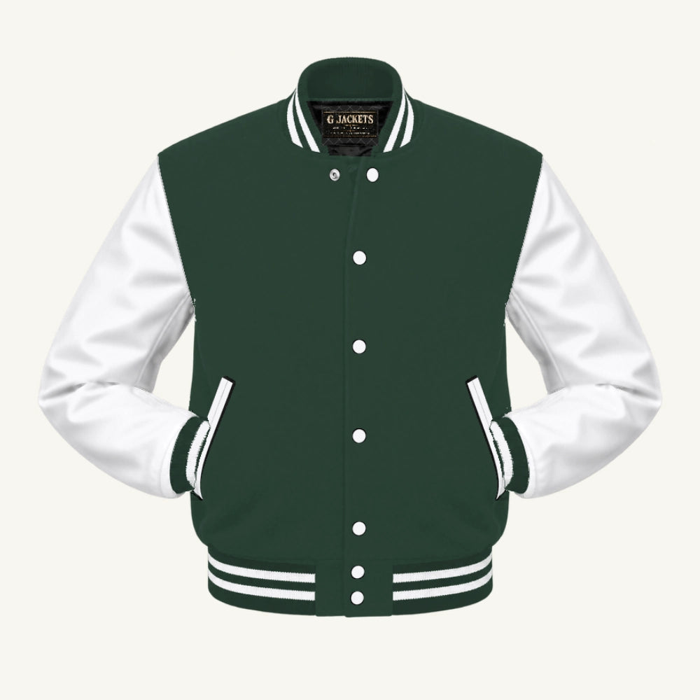 G Jackets Fleece & Genuine Leather Varsity Jacket, Forest Green/White, front view
