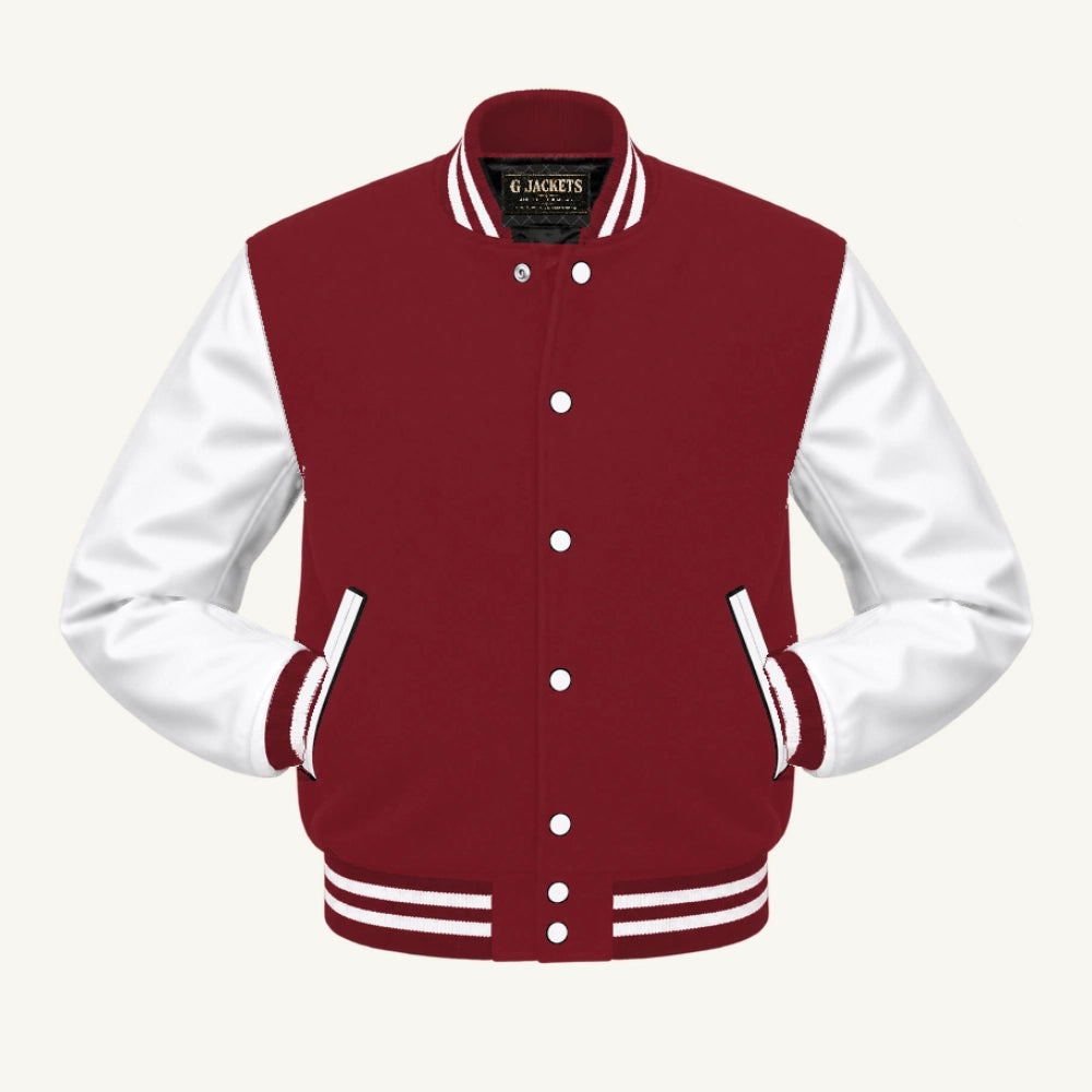 G Jackets Fleece & Genuine Leather Varsity Jacket, Cardinal/White, front view